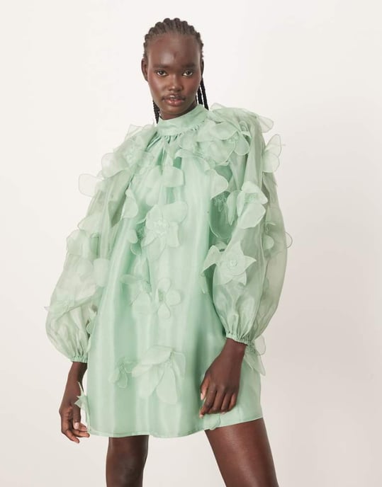 ARRANGE organza applikation blommig höghalstopp trapez mini-klänning i ljusgrön - Image 1
