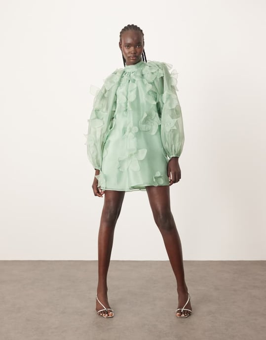 ARRANGE organza applikation blommig höghalstopp trapez mini-klänning i ljusgrön - Image 4