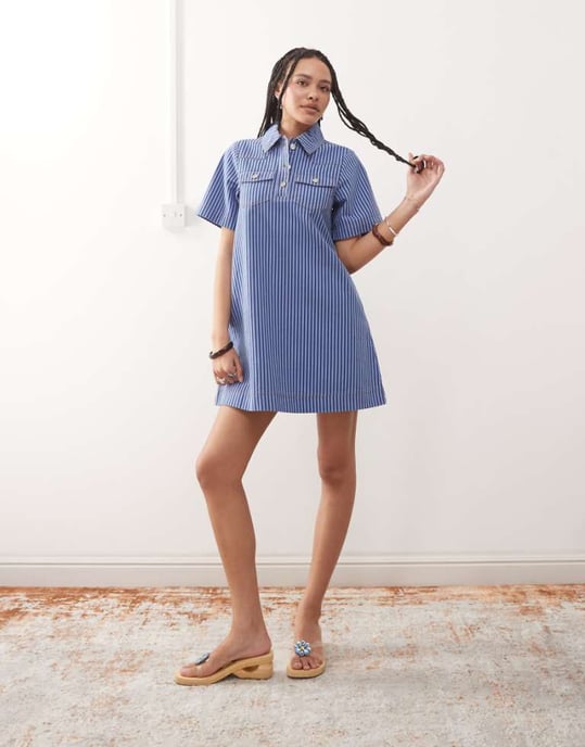 Återvunnen vintage denim skjortklänning i blå tonad randig mönstring - Image 1