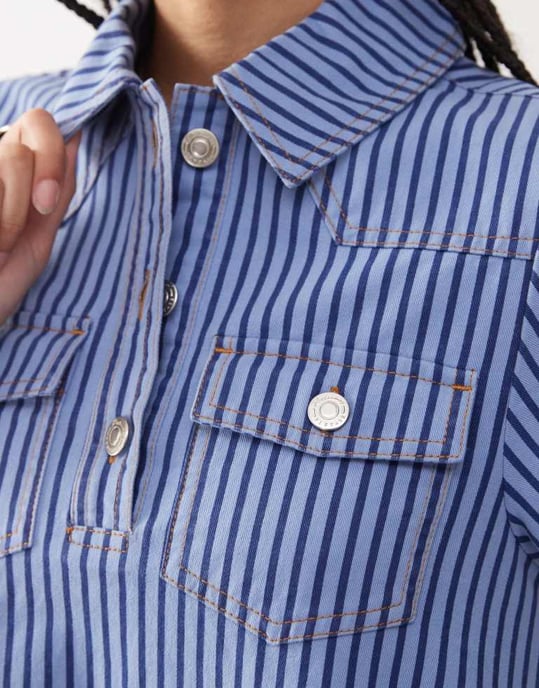 Återvunnen vintage denim skjortklänning i blå tonad randig mönstring - Image 2