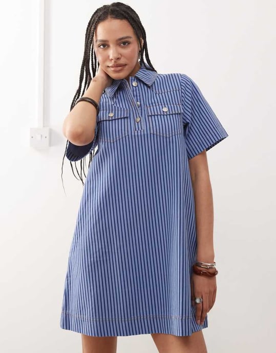 Återvunnen vintage denim skjortklänning i blå tonad randig mönstring - Image 3