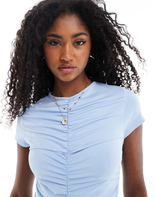 ASOS DESIGN rynkad t-shirt med låg midja mini-klänning i baby blue - Image 3