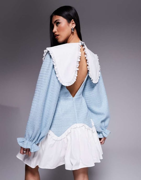 ASOS LUXE bouclé- och bomullspoplinmix mini klänning med utsmyckade knappar i blått - Image 2