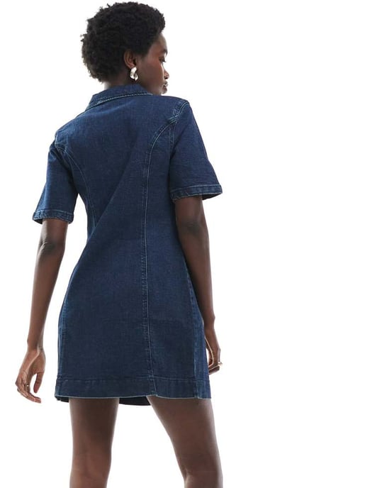 ASOS DESIGN denim kortärmad miniklänning med dragkedja i mörk tvätt - Image 2