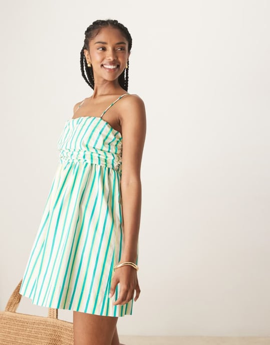 ASOS DESIGN rynkad byst knappad bandeau kortklänning i blå och gul rand - Image 2