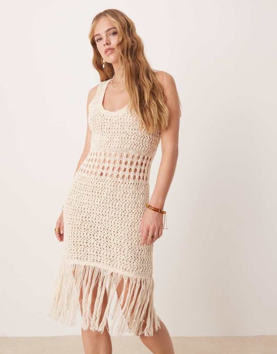 ASOS DESIGN virkad mini klänning med fransdetaljer i sten - STEN - Image 1