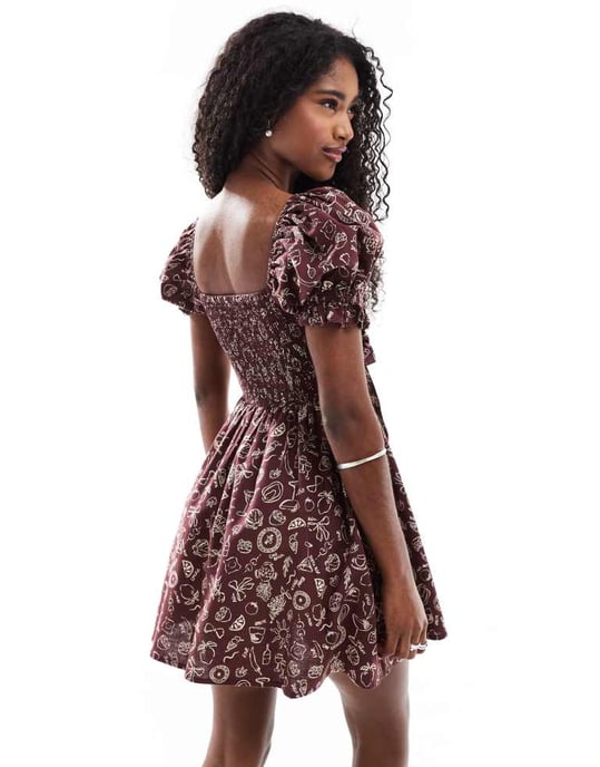 Miss Selfridge rynkad byst knyt framtill mini klänning i brun semestertryck - Image 4