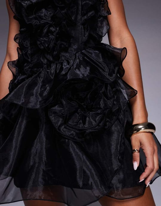ASOS LUXE organza volang corsage miniklänning i svart - Image 4