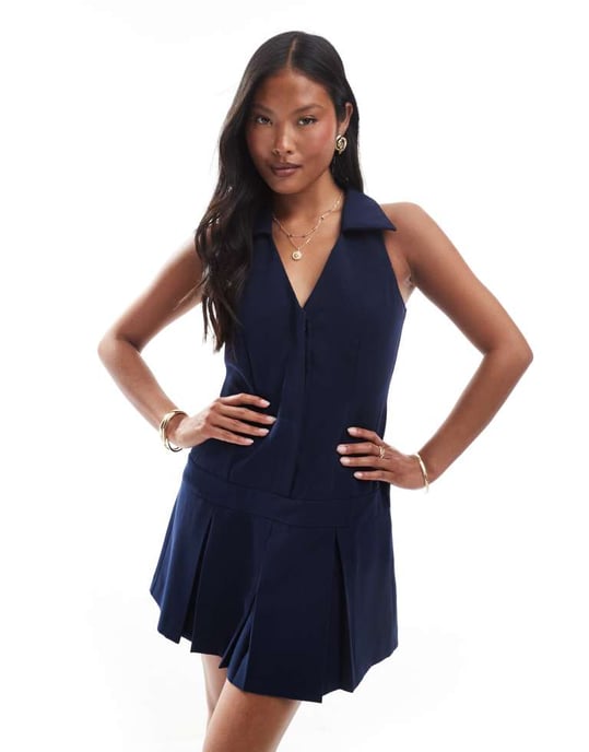 Miss Selfridge Petite skräddarsydd halterneck mini klänning i marinblå - Image 3