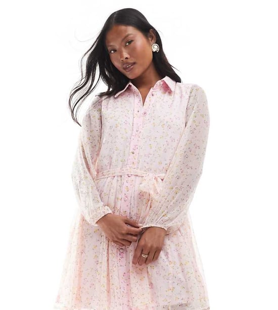 Vero Moda Petite Smilla flippig bälte skjortklänning i rosa blommönster - Image 1