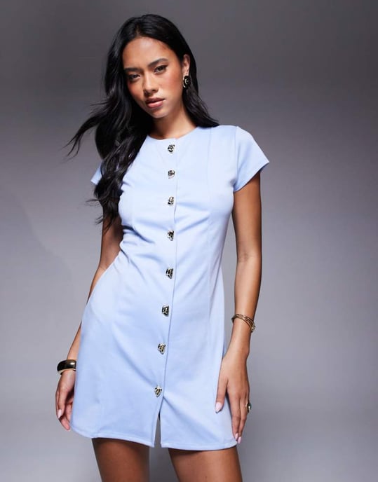 ASOS DESIGN miniklänning med kort ärm och sömknappdetalj i babyblått - Image 1