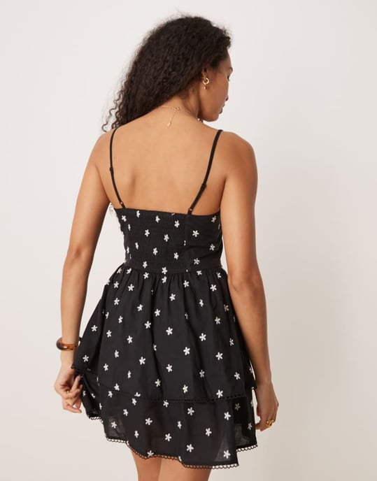Gina Tricot strappriad lagerblommig sommarklänning i svart - Image 4