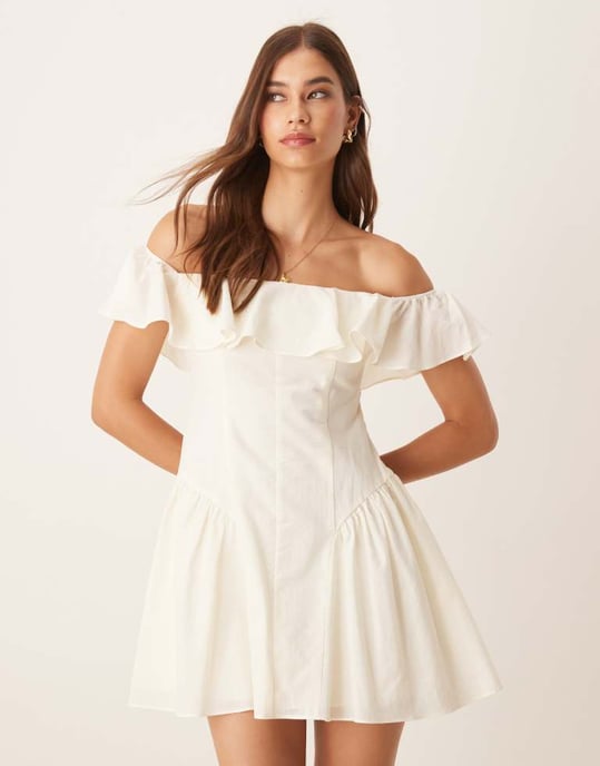 ASOS DESIGN bomull bardot sömdetalj mini klänning i elfenben - Image 2