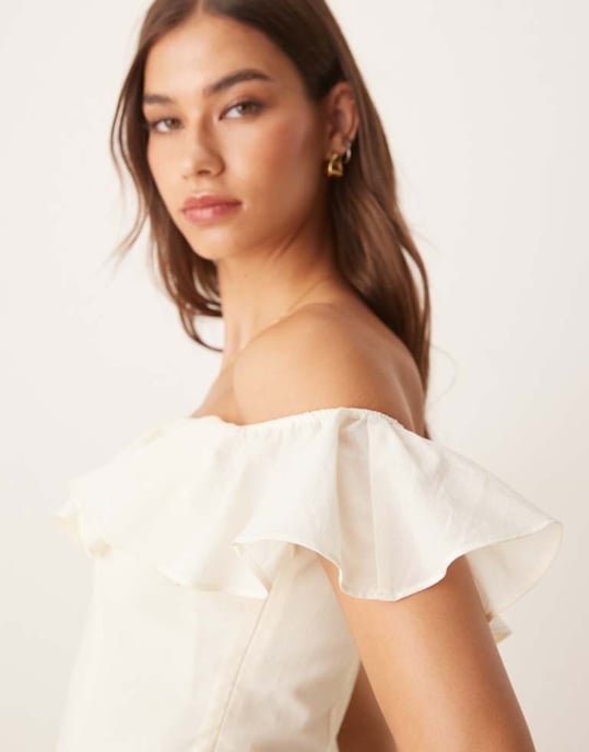 ASOS DESIGN bomull bardot sömdetalj mini klänning i elfenben - Image 3