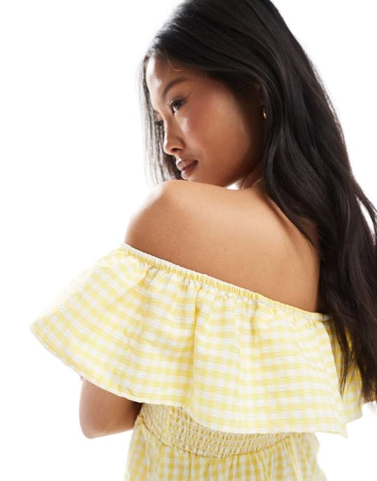 Vero Moda Petite rynkad bodice miniklänning med volangdetalj i gul rutigt mönster - Image 3