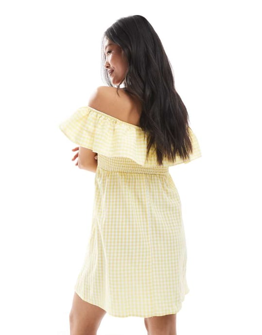 Vero Moda Petite rynkad bodice miniklänning med volangdetalj i gul rutigt mönster - Image 4