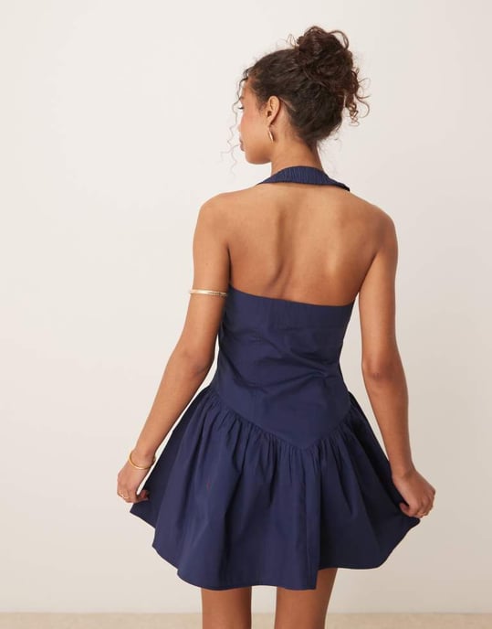 ASOS DESIGN halterneck mini sommardress med volangkant i marinblått - Image 3