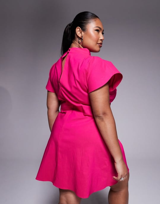 ASOS DESIGN Curve bengalin-miniklänning med slits i stark rosa - Image 4