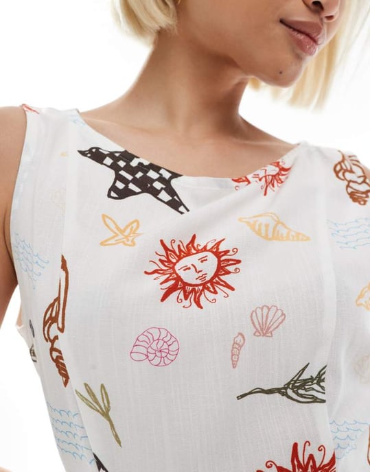 ASOS DESIGN linneblandning snittad hals mini klänning i semestertryck - Image 3
