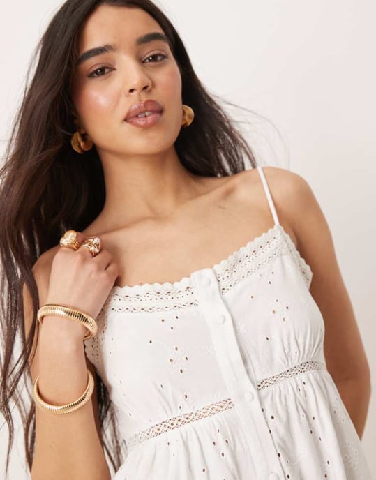 ASOS DESIGN broderad cami knapp-genom mini klänning i vit - Image 2
