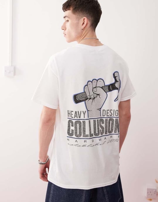 COLLUSION Unisex tryckt t-shirt i vitt med hammargrafik - Image 2