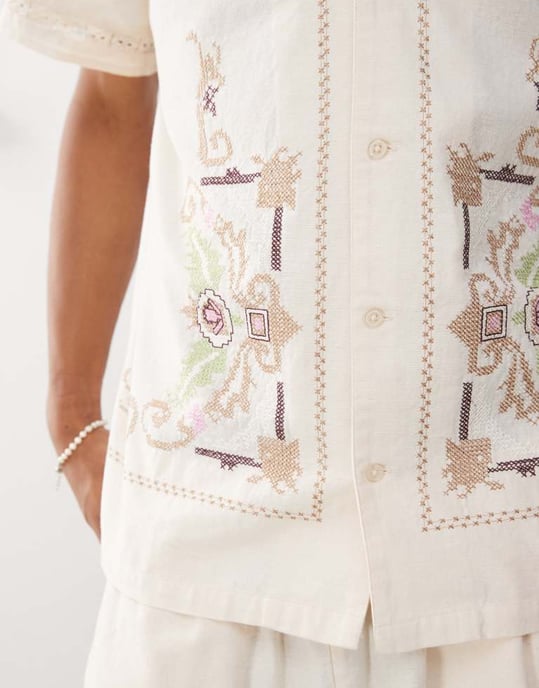 Återvunnen vintage begränsad upplaga unisex kortärmad resortskjorta med blommig broderi i krämfärg - Image 4