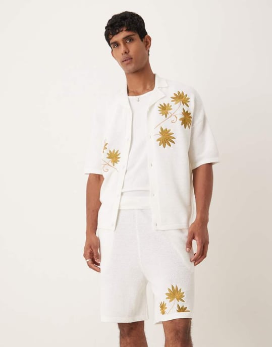 ASOS DESIGN oversize texturerade stickade shorts set i ecru - Image 1