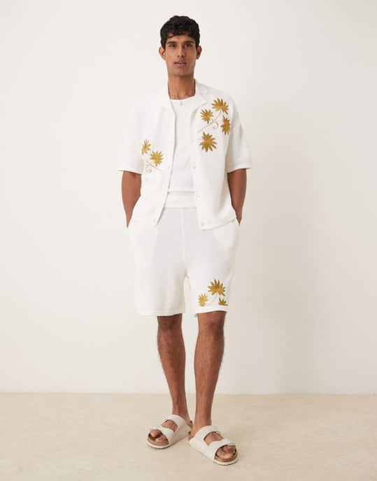 ASOS DESIGN oversize texturerade stickade shorts set i ecru - Image 2