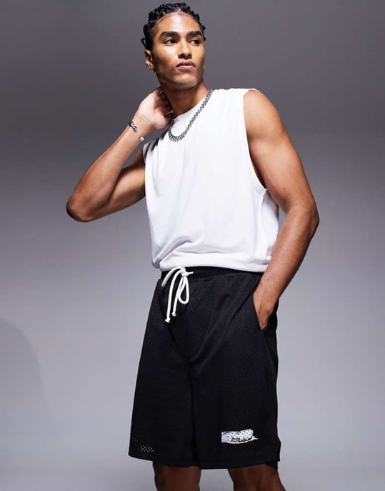 ASOS DESIGN slim mesh-textur kortbyxor med tryck i marinblå - Image 1