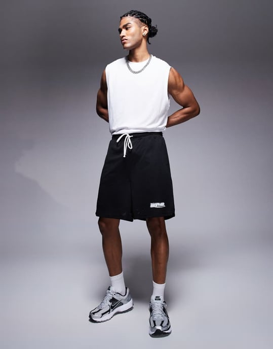 ASOS DESIGN slim mesh-textur kortbyxor med tryck i marinblå - Image 2