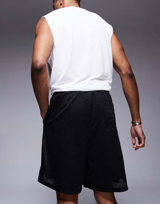 ASOS DESIGN slim mesh-textur kortbyxor med tryck i marinblå - Image 3