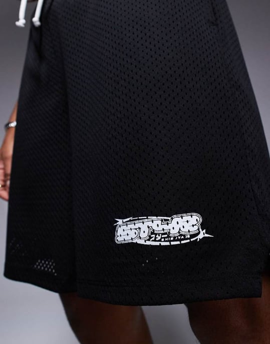 ASOS DESIGN slim mesh-textur kortbyxor med tryck i marinblå - Image 4