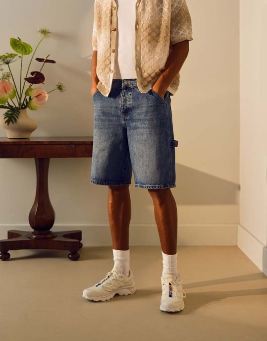 Topman denim snickarshorts i mellanblå tvätt - Image 3