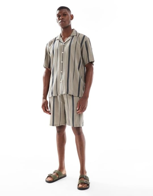 ONLY & SONS linnelook kort komplett set i beiga ränder - Image 1