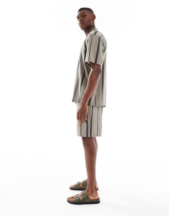 ONLY & SONS linnelook kort komplett set i beiga ränder - Image 3