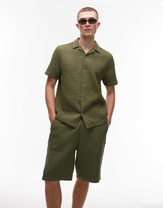 Topman texturerad rutmönstrad kort koordinerad i khaki - Image 3