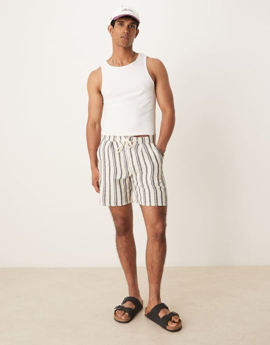 ASOS DESIGN slimshorts med pleats i marinblå och vit rand - Image 4