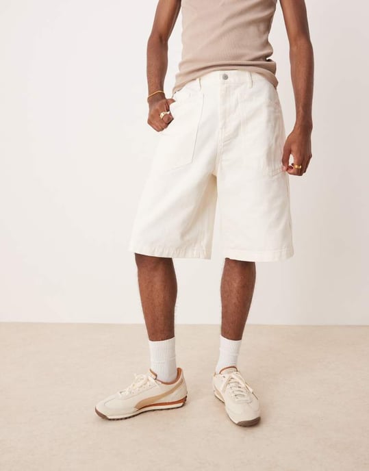 ASOS DESIGN lång längd denim fatigue shorts i vitt - Image 4