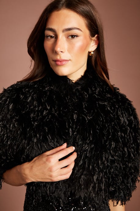 Black Faux Feather Fur Cropped Cape - Image 2