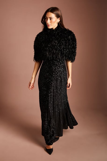 Black Faux Feather Fur Cropped Cape - Image 4