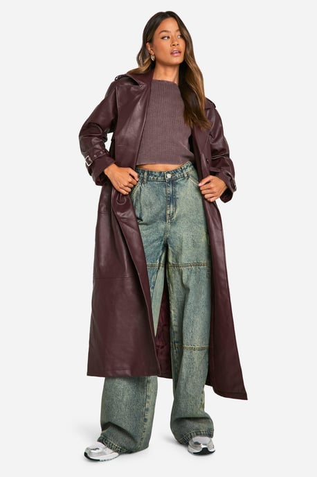 Tall Double Breast Faux Leather Maxi Trench Coat - Image 1