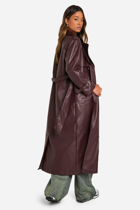 Tall Double Breast Faux Leather Maxi Trench Coat - Image 2