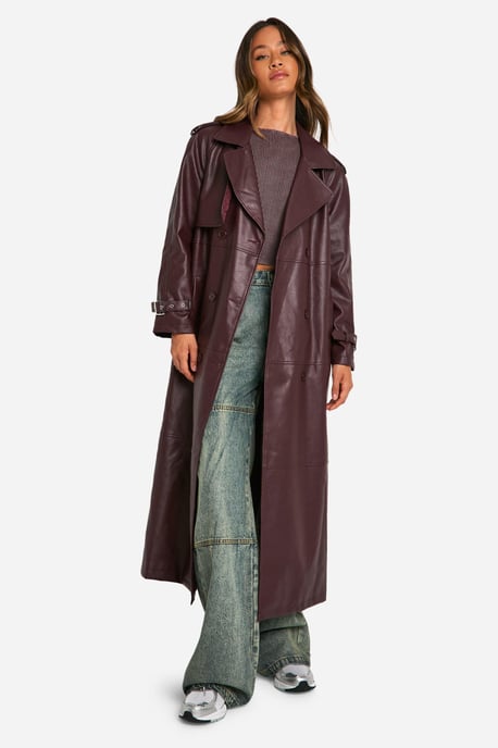 Tall Double Breast Faux Leather Maxi Trench Coat - Image 3