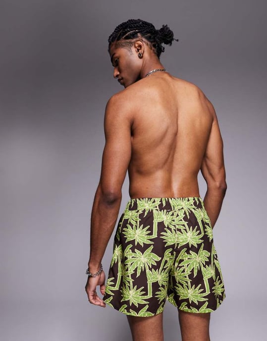 ASOS DESIGN badshorts i kort längd med brunt palmtryck - Image 3