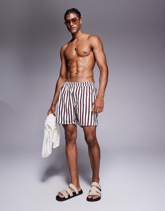 ASOS DESIGN badshorts i midjelängd i vinröd rand - Image 2