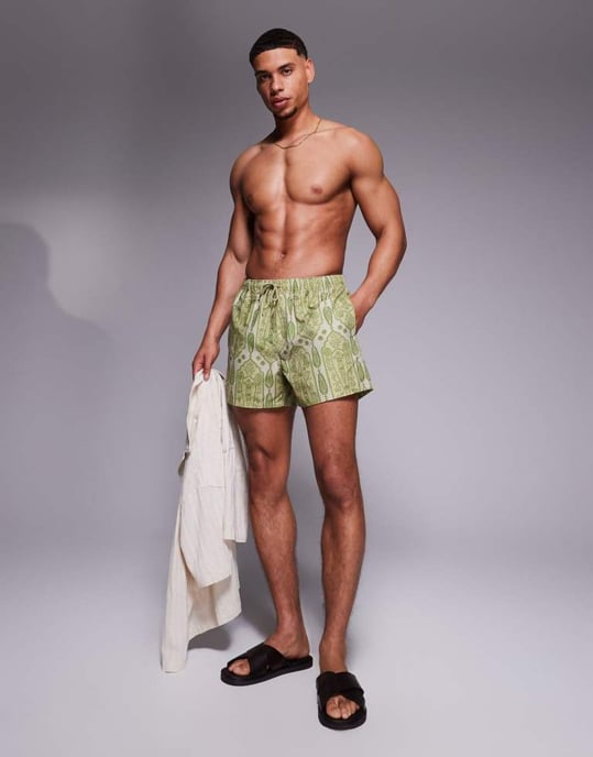 ASOS DESIGN badshorts i kort längd med grönt paisleymönster - Image 3