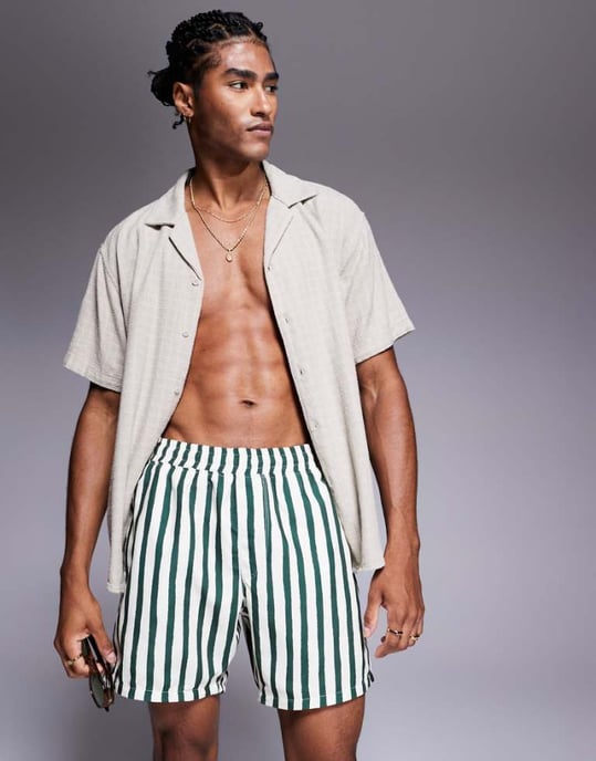 ASOS DESIGN badshorts i medellängd i grönrandig - Image 1