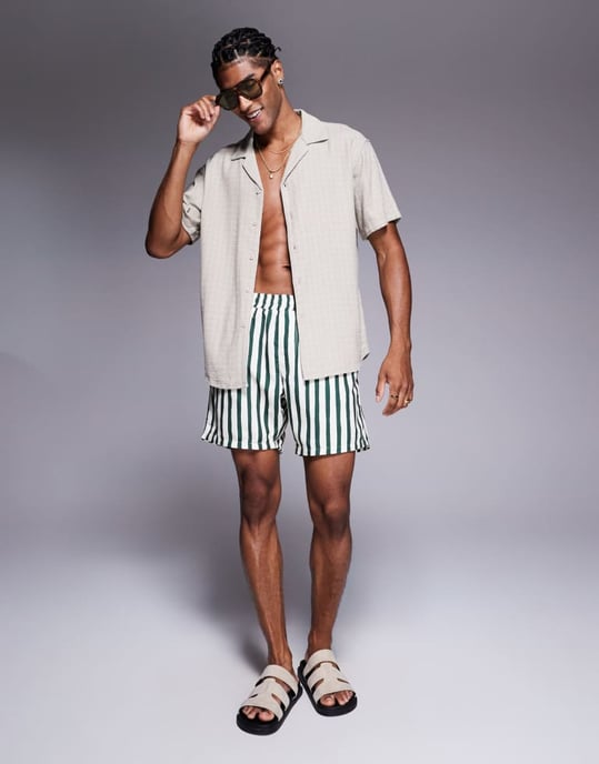 ASOS DESIGN badshorts i medellängd i grönrandig - Image 3
