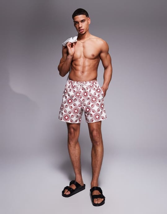 ASOS DESIGN badshorts i medellängd med geometrisk tryck i stenfärg - Image 2