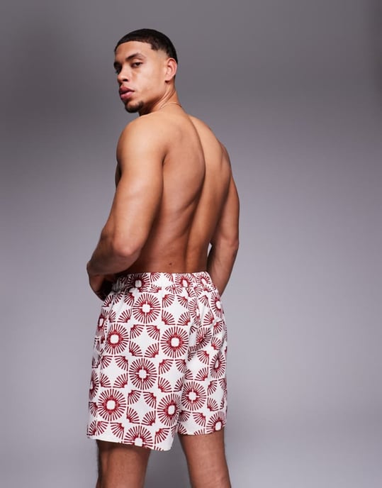 ASOS DESIGN badshorts i medellängd med geometrisk tryck i stenfärg - Image 3